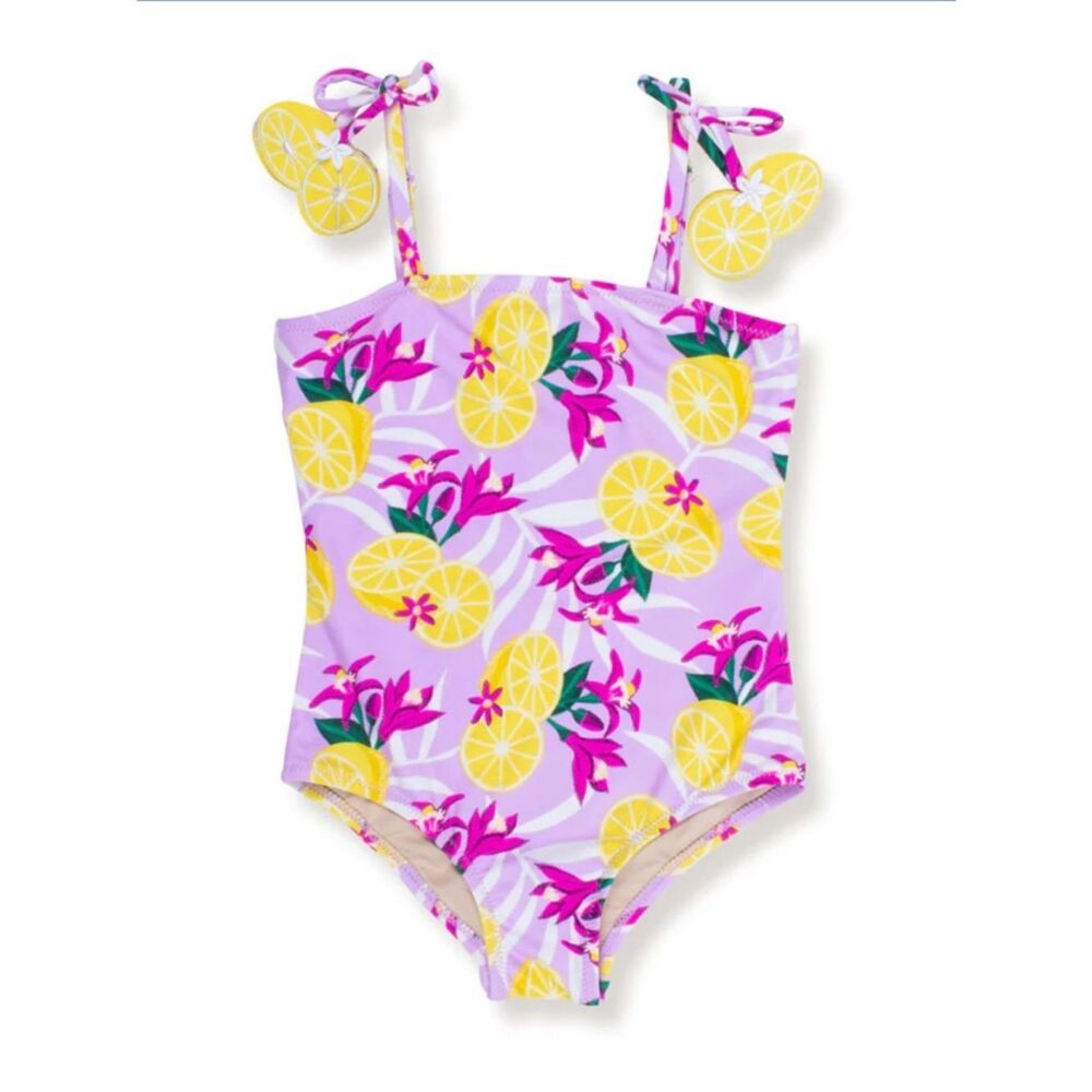 Shade Critters Vibrant Lemon Print Kids One Piece Swimsuit - Purple and Yellow 6